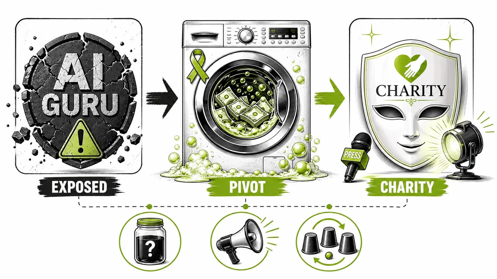 "The 'AI-Powered' Founder's 'Philanthropy' Pivot: How 2026's Exposed Gurus Are Laundering Their Reputations With Fake Charities"slug: "the-ai-powered-founders-philanthropy-pivot-how-2026s-exposed-gurus-are-laundering-their-reputations-with-fake-charities"description: "Exposed in 2025? In 2026, just launch a charity. We dissect the new guru playbook of reputation laundering through 'impact washing' and fake philanthropy. Spot the shell game before you donate."date: '2026-02-08'