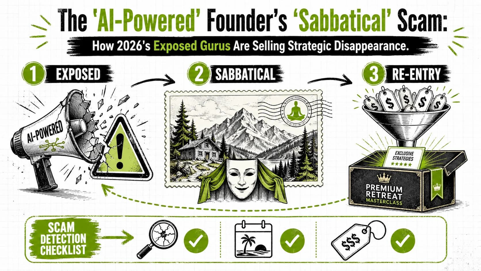 "The 'AI-Powered' Founder's 'Sabbatical' Scam: How 2026's Exposed Gurus Are Selling Strategic Disappearance"slug: "the-ai-powered-founders-sabbatical-scam-how-2026s-exposed-gurus-are-selling-strategic-disappearance"description: "Exposed in 2026? Just call it a 'sabbatical.' We dissect the latest guru scam: monetizing strategic disappearance as enlightened burnout. Learn to spot the fake retreat."date: '2026-02-08'