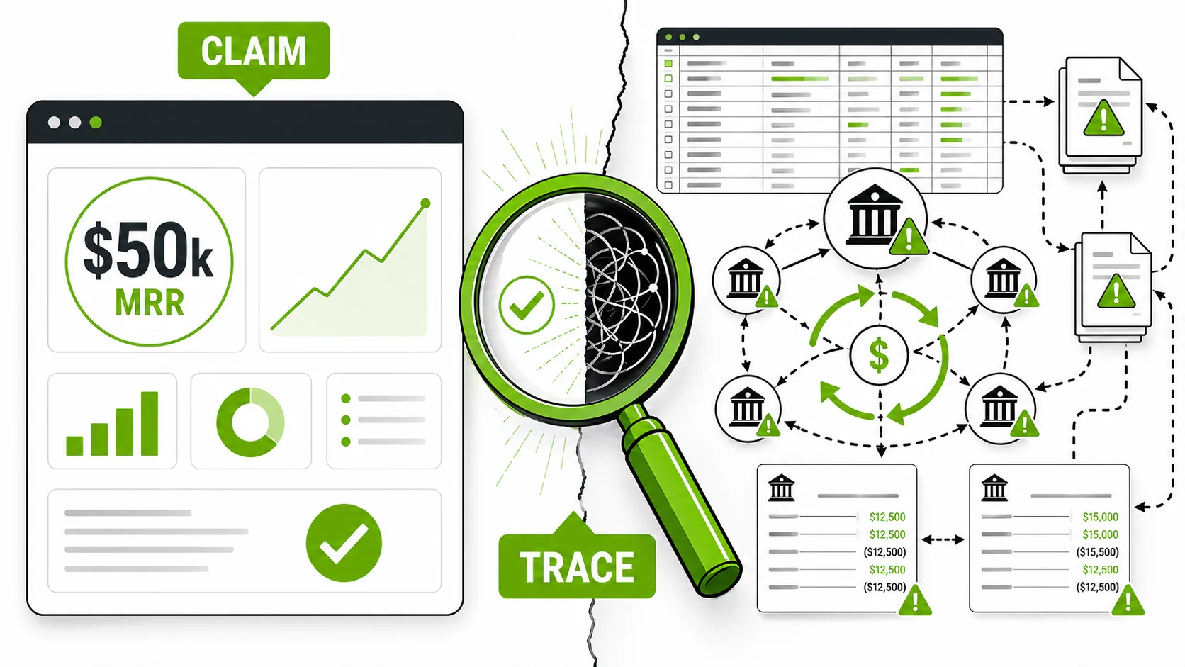 A split image showing a sleek, modern website on one side and a chaotic spreadsheet of shell companies on the other