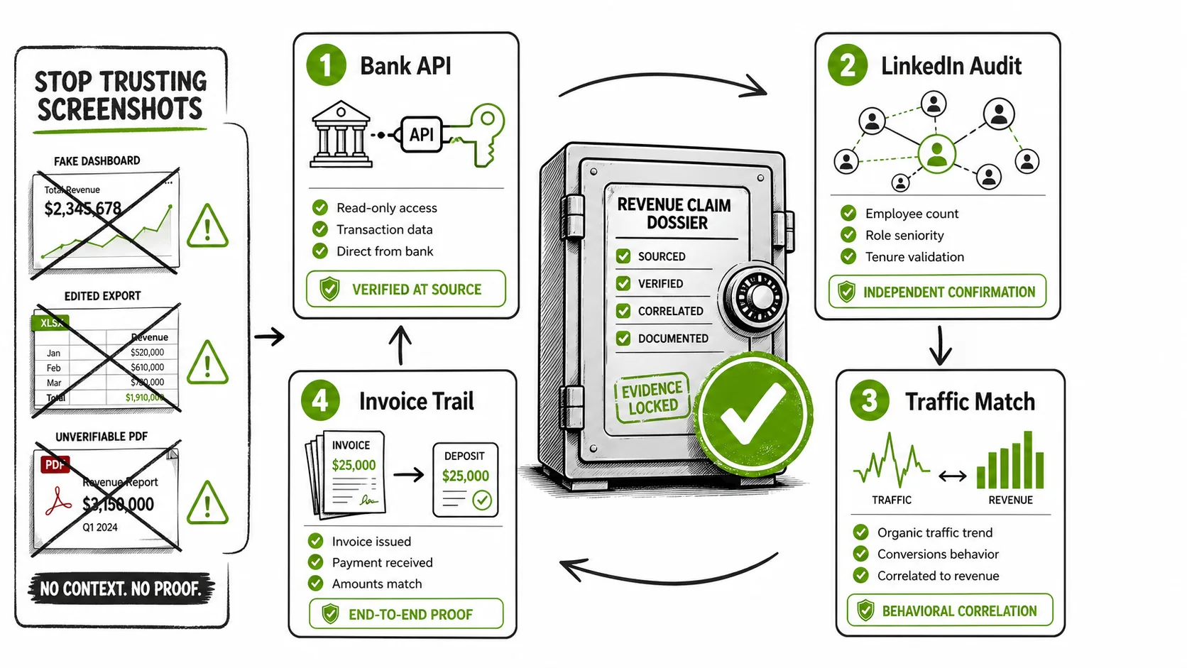 A detailed checklist with items like 'Bank API Access', 'Employee LinkedIn Audit', and 'Traffic Correlation' being checked off