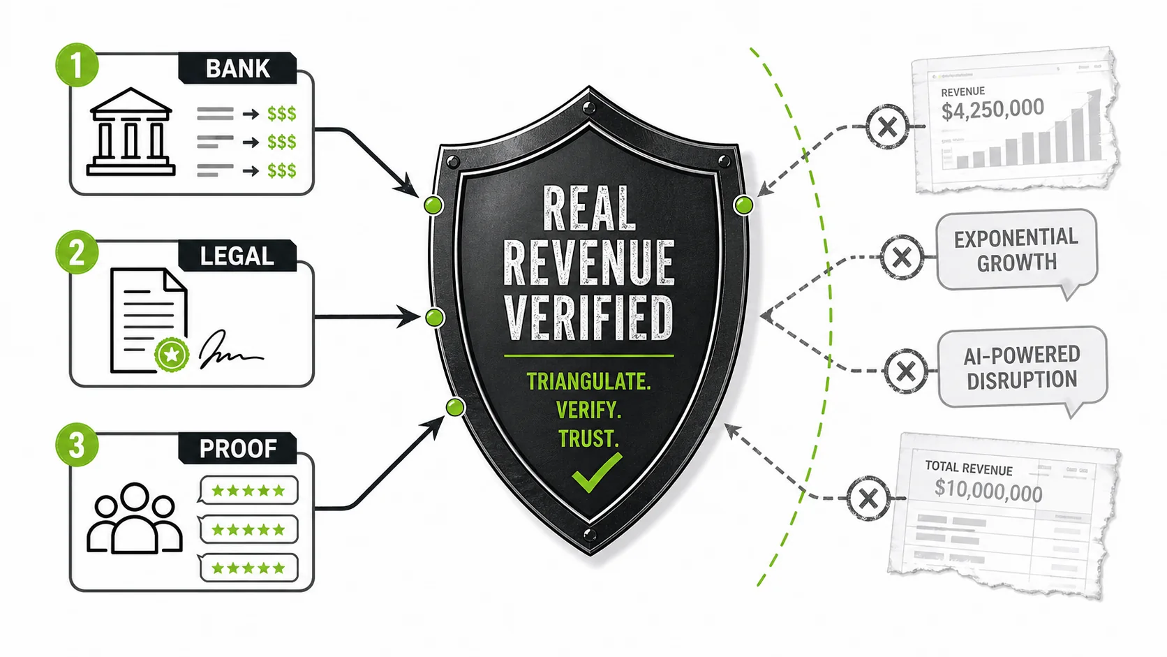 A shield with icons representing bank data, legal documents, and social proof forming a protective barrier