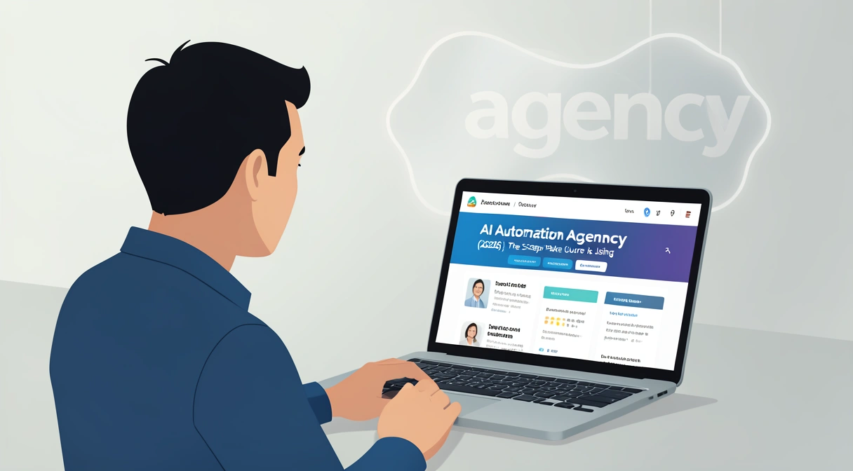 A person looking at a laptop screen showing a fake AI guru's course sales page, with a ghostly, transparent 'agency' logo fading in the background