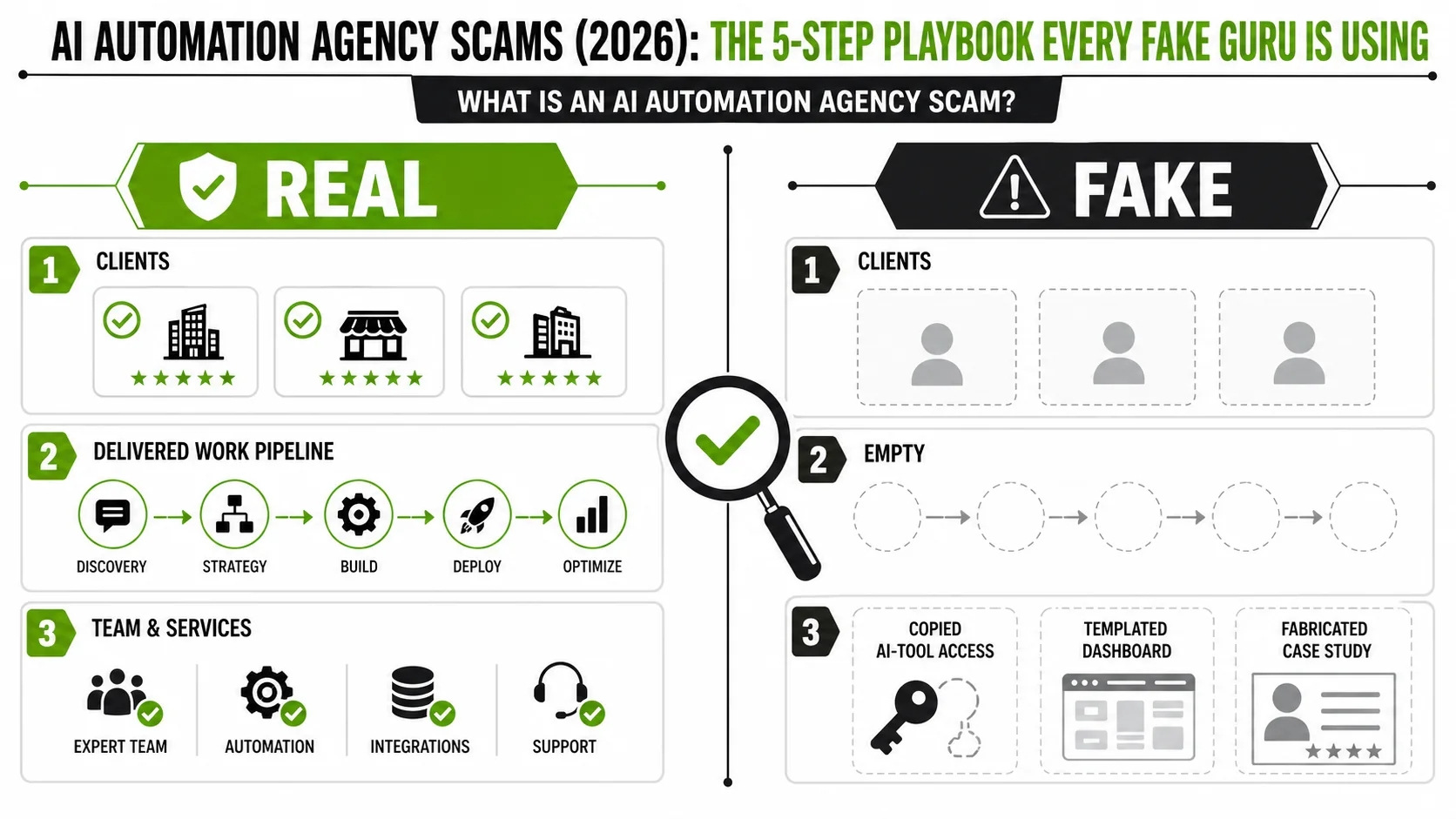A comparison screenshot of a real agency's client dashboard versus a fake AI agency's empty, templated interface
