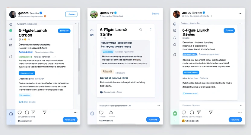 A collage of social media posts showing identical '6-figure launch' screenshots from different fake AI gurus