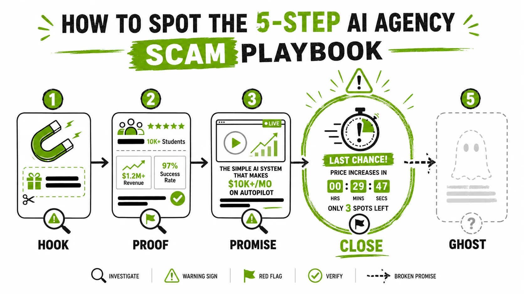 A flowchart diagram mapping out the 5-step playbook: Hook, Social Proof, Overpromise, The Close, The Ghosting