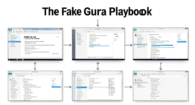 A flowchart diagram mapping out the 5-step playbook: Hook, Social Proof, Overpromise, The Close, The Ghosting