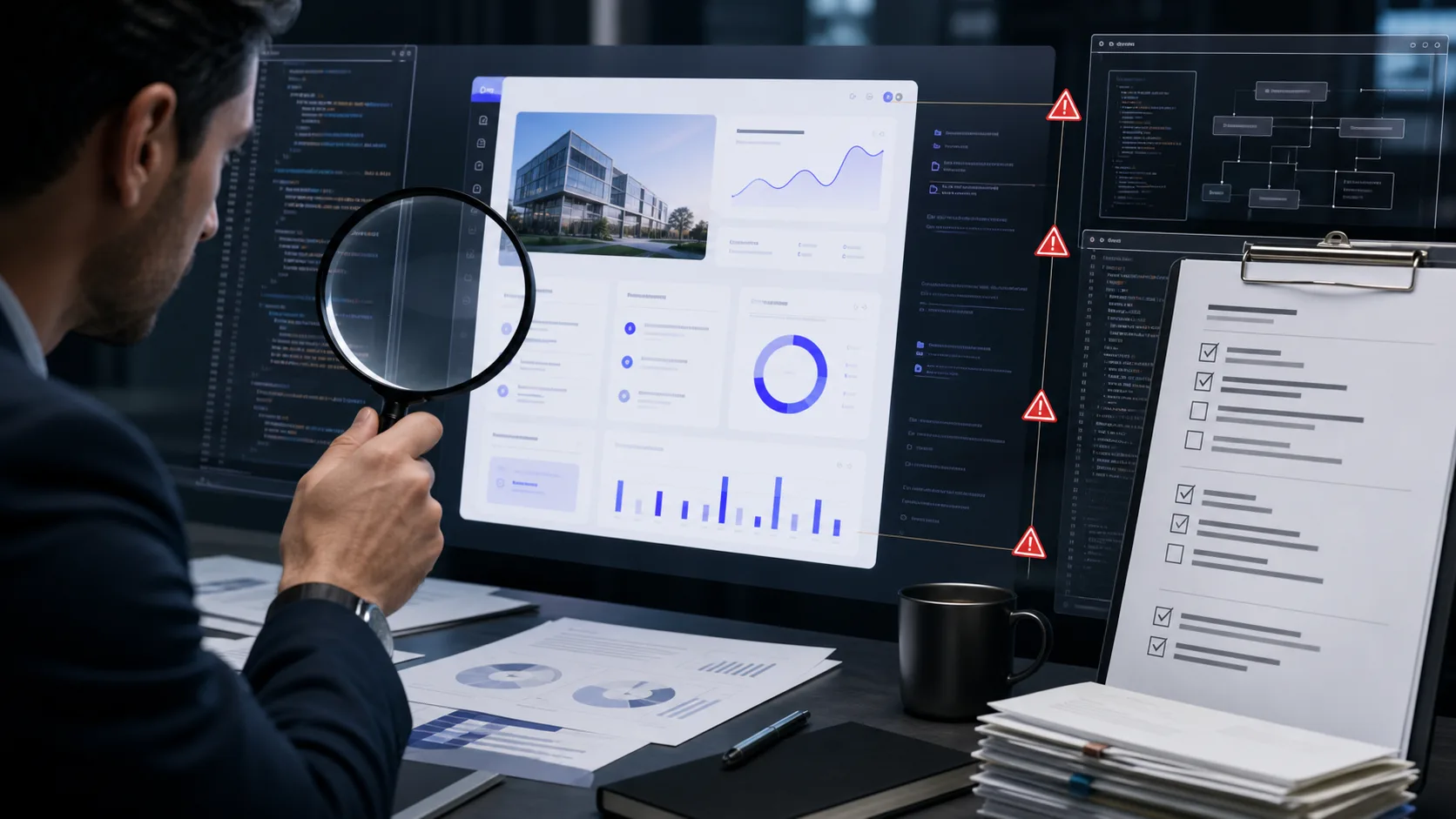 A developer types prompts into an AI interface while a holographic demo of a startup dashboard flickers and glitches, with a skeptical investor looking through a magnifying glass at the code