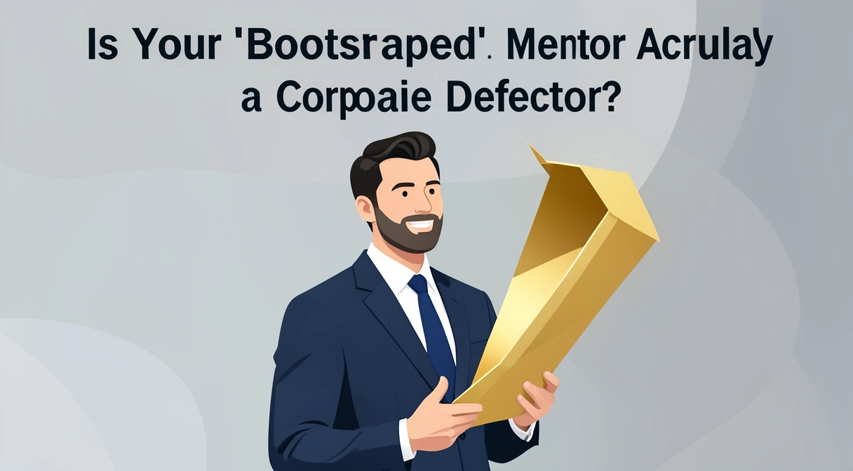 A corporate executive in a suit stands on a stage, peeling off their suit jacket to reveal a t-shirt with a startup logo underneath. Behind them, a golden parachute is being repackaged into a 