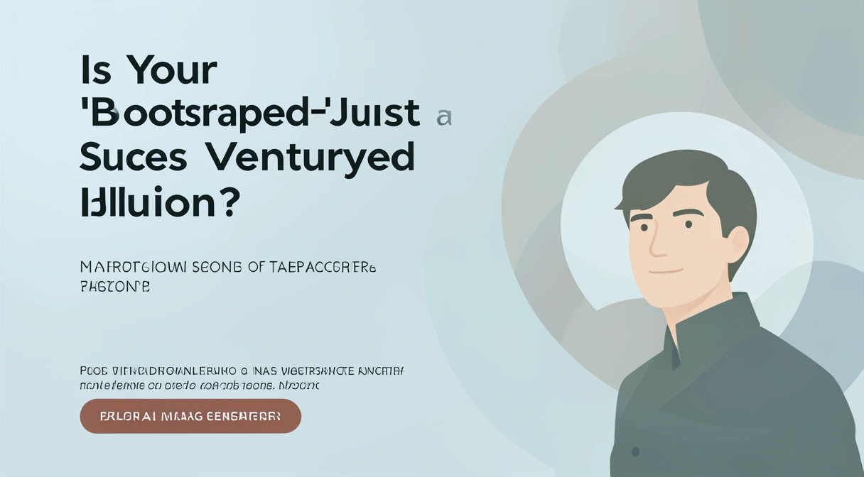 A satirical illustration of a 'bootstrapped' founder on stage, wearing a t-shirt and jeans, giving a passionate talk. Behind him, a hidden puppet master in a suit pulls strings, with dollar bills and venture capital logos like 'VC' and 'Angel' floating in the shadows.