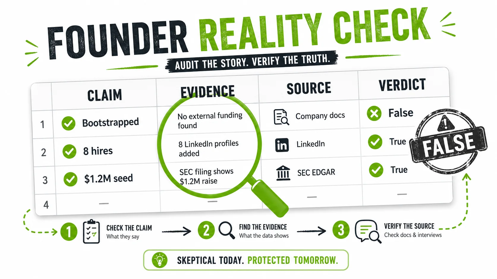 Screenshot of a spreadsheet titled 'Founder Reality Check' with columns for Claim (e.g.,