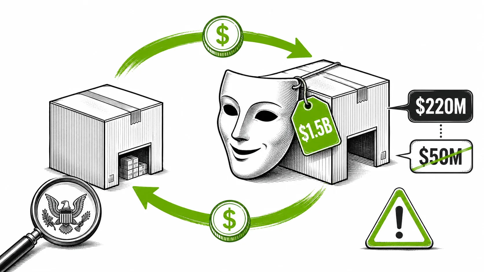 Two cardboard-box company silhouettes connected by lime-green looping arrows with dollar coins cycling between them