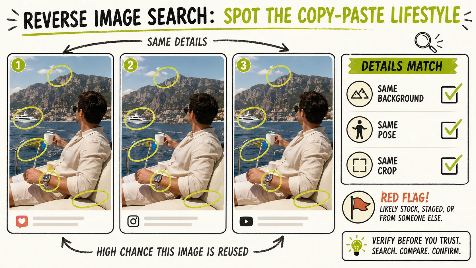 A Larpable comparison board circling matching details across duplicate guru lifestyle images