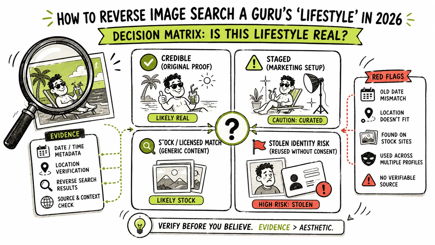 A Larpable credibility matrix classifying guru lifestyle images as original proof, staged marketing, stock match, or stolen identity risk