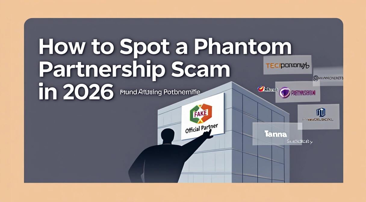 Illustration of a shadowy figure placing a fake 'Official Partner' logo on a company's building facade, with ghostly, transparent logos of major tech companies floating in the background