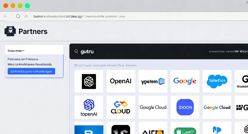 Screenshot of a fake 'Partners' page on a guru's website showing unauthorized logos of OpenAI, Google Cloud, and Salesforce arranged in a grid