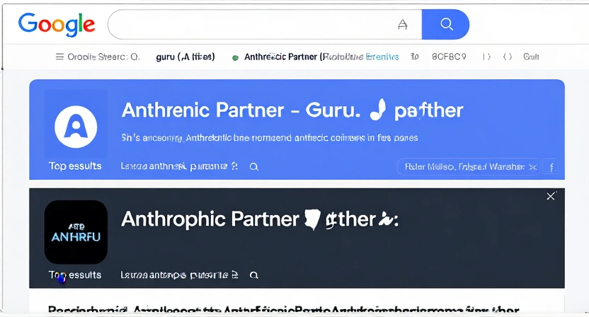 Screenshot of a Google Search results page showing the top result as a guru's site claiming 'Anthropic Partner' and the official Anthropic partner page appearing lower down