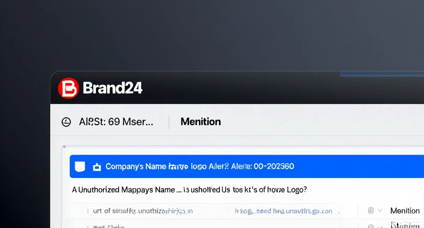 Screenshot of a social media monitoring tool like Brand24 or Mention showing alerts for unauthorized use of a company's name and logo