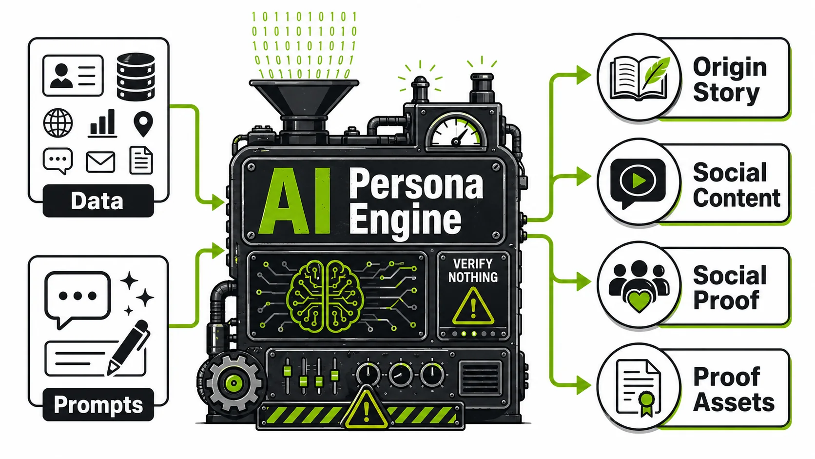A flowchart mapping the creation of a synthetic founder persona, from data input and prompt engineering to output across social media, podcasts, and pitch decks