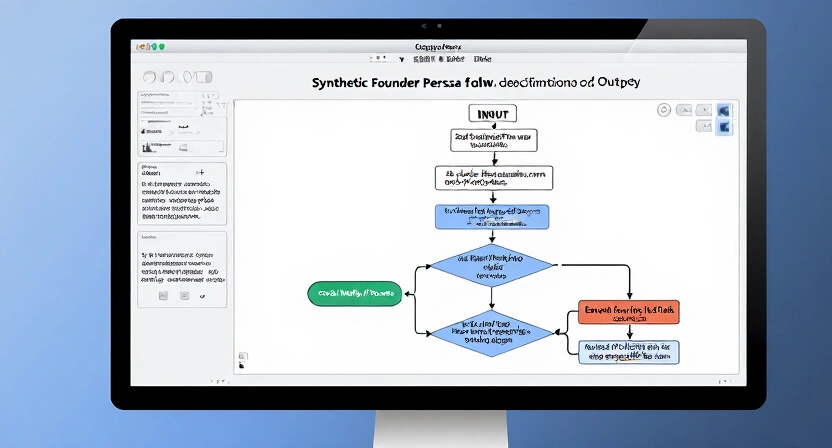A flowchart mapping the creation of a synthetic founder persona, from data input and prompt engineering to output across social media, podcasts, and pitch decks