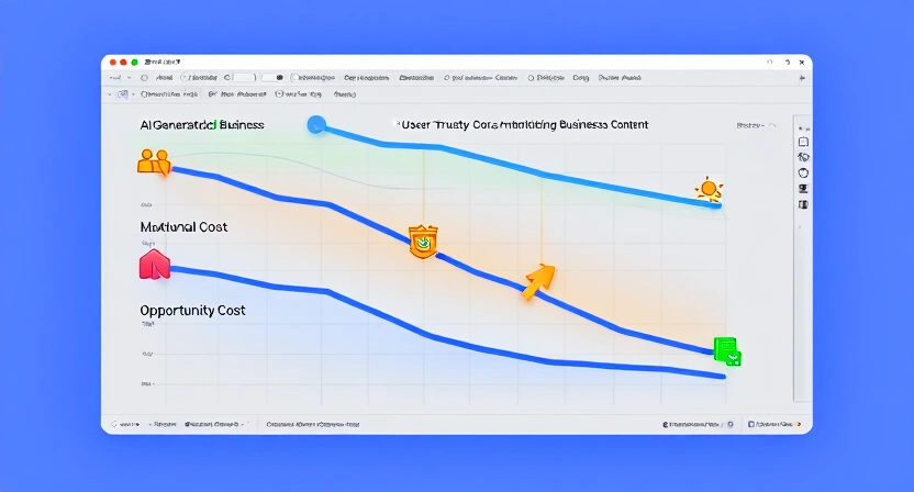 An infographic showing the rising trend line of AI-generated business content alongside a downward trend line of user trust, with icons representing financial, emotional, and opportunity costs