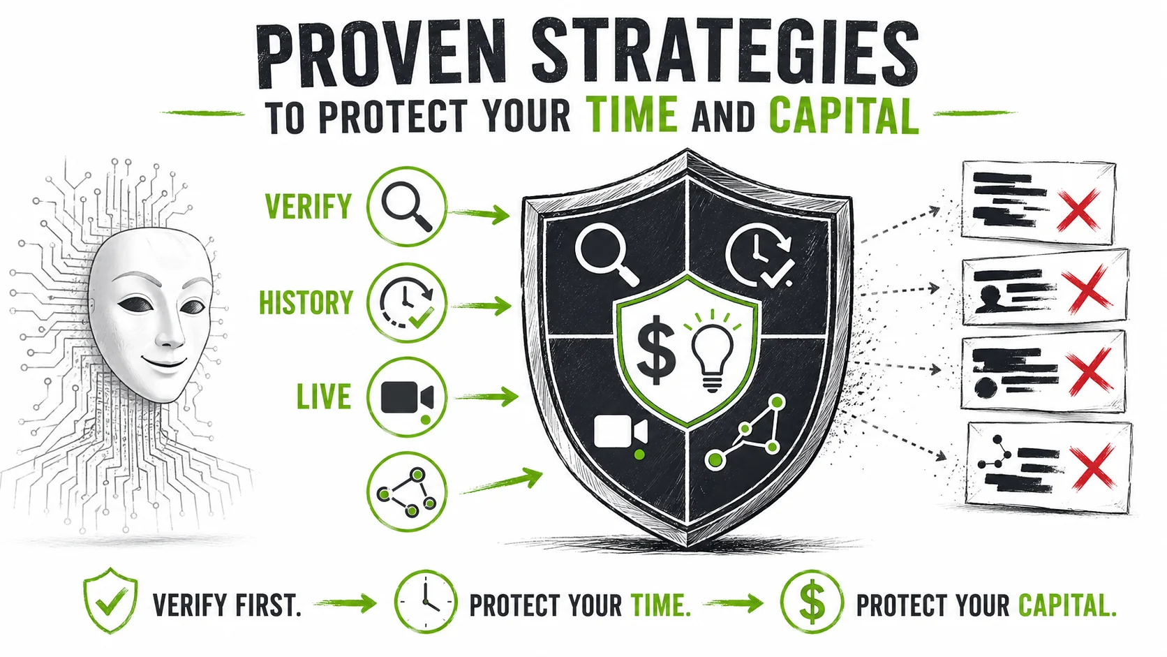 A shield icon composed of smaller icons representing the detection tactics: a magnifying glass, a clock, a live video symbol, and a network graph, protecting a dollar sign and a lightbulb