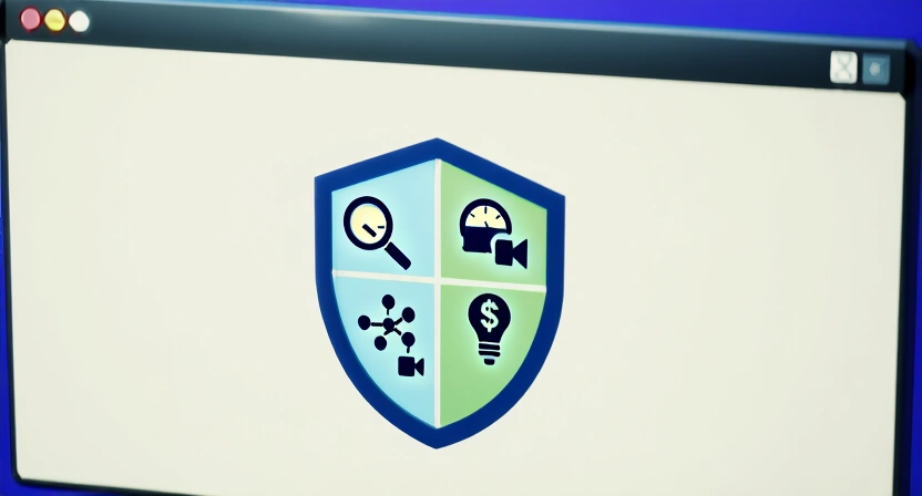 A shield icon composed of smaller icons representing the detection tactics: a magnifying glass, a clock, a live video symbol, and a network graph, protecting a dollar sign and a lightbulb