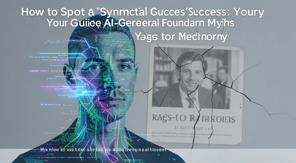 A conceptual illustration of a digital, AI-generated human face being constructed from glowing code and data streams, with a cracked, faded photograph of a 'rags-to-riches' story visible behind it.