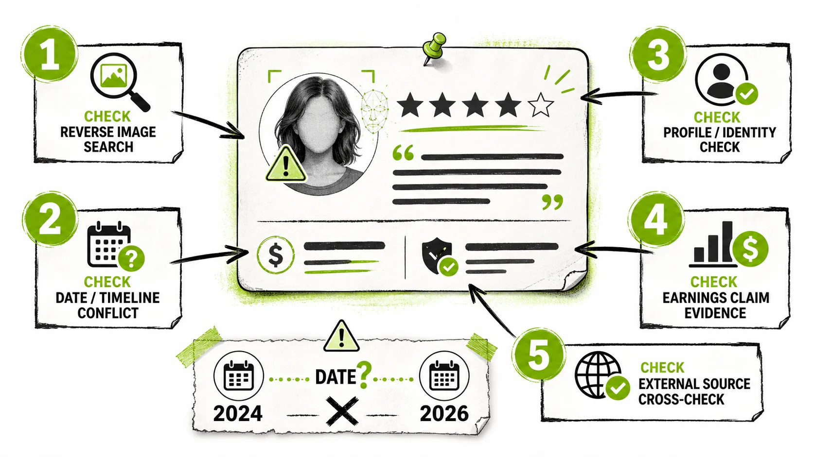 Screenshot of a fake testimonial with an AI-generated face and timeline of fabrication