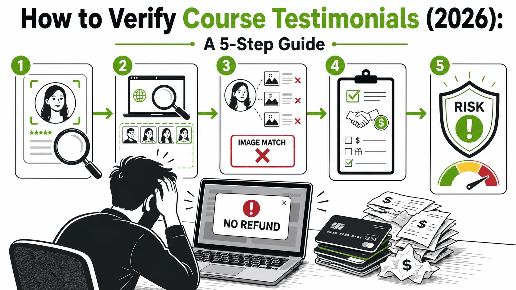 A frustrated buyer looking at a laptop with a 'course not refundable' popup