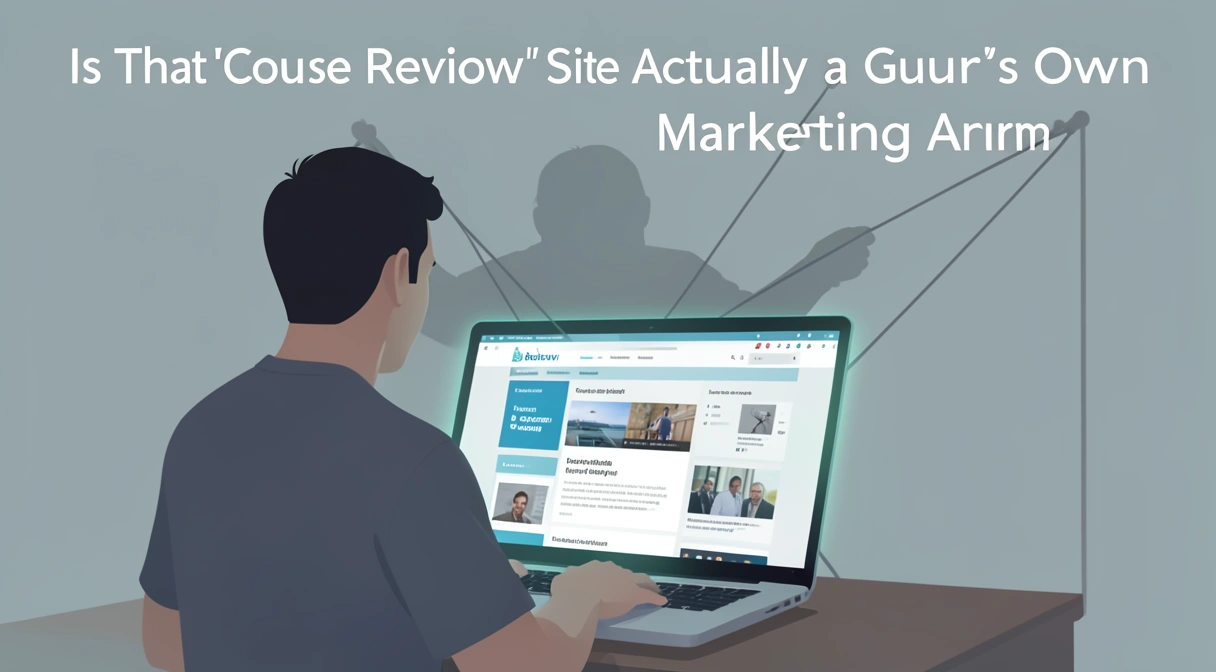 A person looking at a laptop screen showing a glowing, trustworthy-looking review site, while a shadowy figure behind them pulls puppet strings connected to the website.