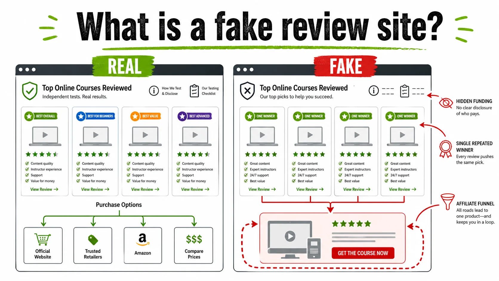A side-by-side comparison of a legitimate review site layout and a fake review site layout, with red arrows pointing to the subtle manipulation points on the fake site.