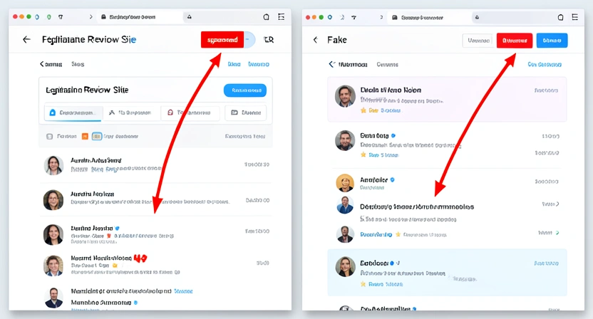 A side-by-side comparison of a legitimate review site layout and a fake review site layout, with red arrows pointing to the subtle manipulation points on the fake site.