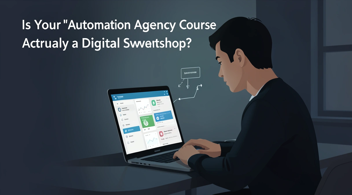 A person in a dark room staring at a laptop screen, their face illuminated by a dashboard showing endless notifications and low hourly rates.