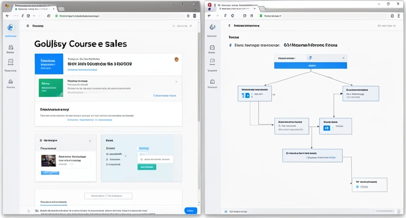 A split-screen image: on one side, a glossy course sales page with 'PASSIVE INCOME' in bold; on the other, a dense, confusing flowchart of manual processes labeled 'Client Onboarding'.