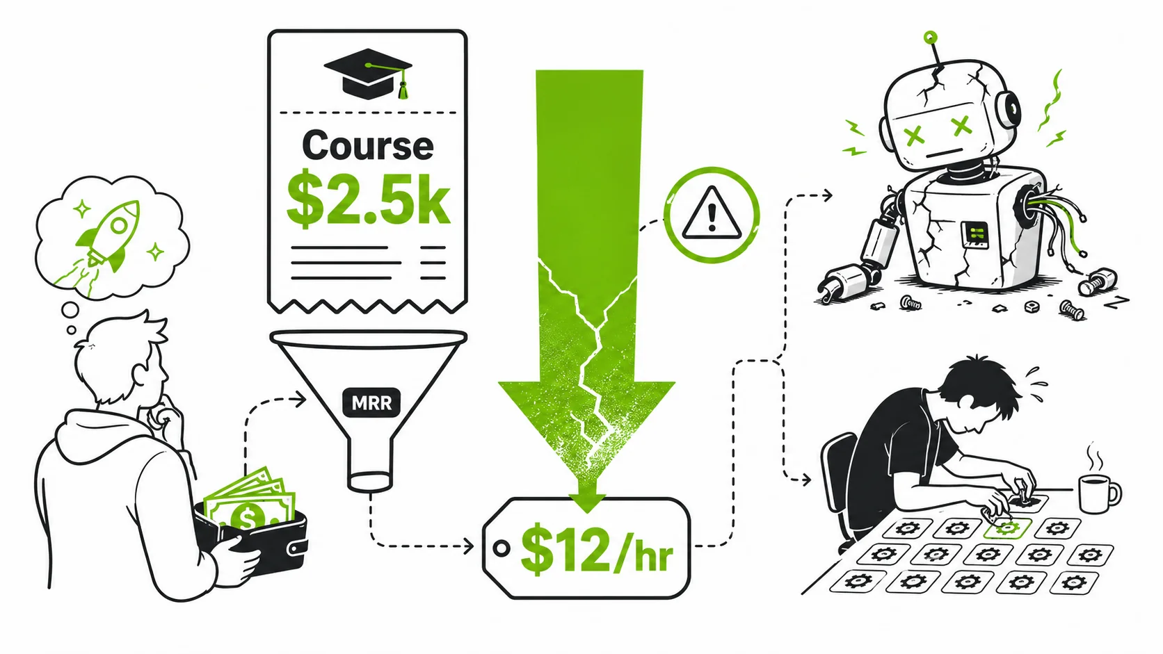 A depressing infographic showing a downward arrow from 'Course Cost ($2,500)' to 'Hourly Wage ($12/hr)' next to icons of a broken robot and an exhausted person.