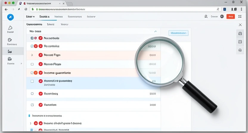 A checklist with red flags like 'No Code Shown', 'Income Guarantee', and 'Fake Urgency' next to a magnifying glass over a blurred sales page.