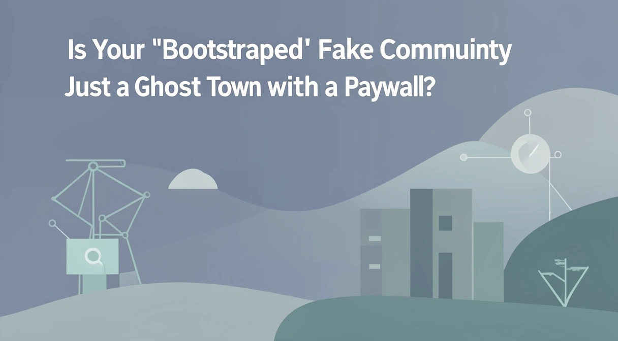 A conceptual illustration of a digital ghost town: a desolate Discord server interface with cobwebs, tumbleweeds, and a single 'Last Online 6 months ago' status, with a bright, shiny 'Join Our Exclusive Community' paywall blocking the entrance.