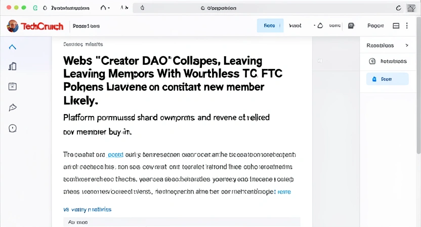 Screenshot of a TechCrunch article headline from March 2026 about a collapsed Web3 community platform