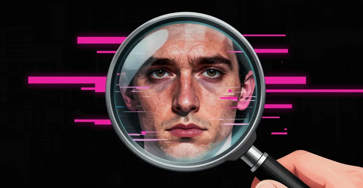 Illustration satirique montrant une loupe révélant un visage généré par IA avec des artefacts visibles