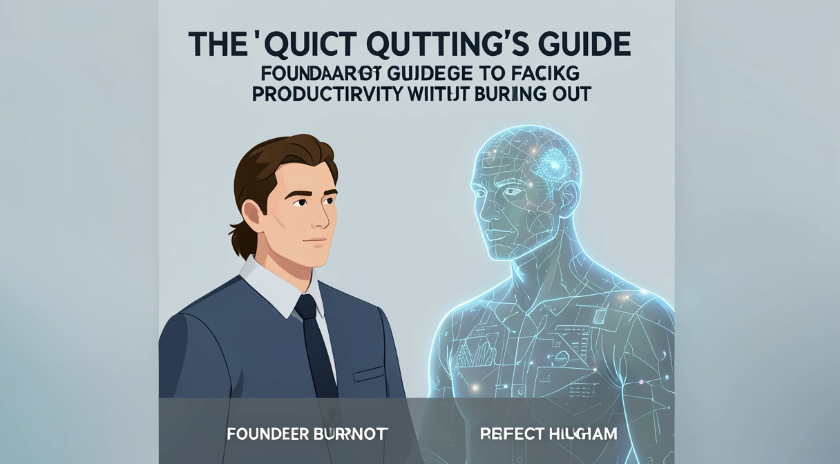 A founder in a hoodie looks exhausted at a laptop, while a glowing, perfect hologram of them gives a TED Talk in the background.