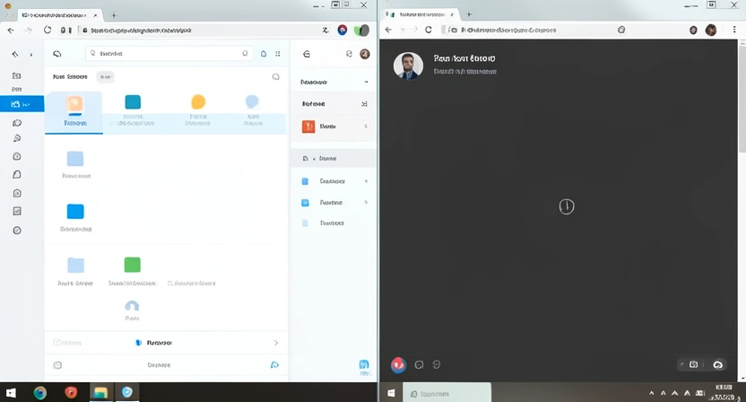 A split-screen mockup: left shows a real messy desktop with 50 tabs; right shows a fake, clean 'deep work' setup screen shared on Zoom.