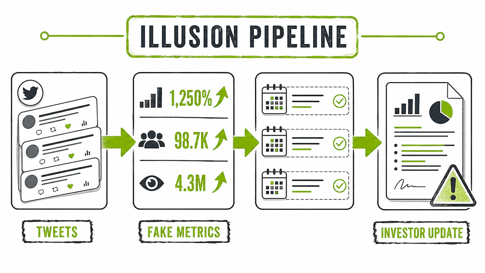 A complex flowchart titled 'The Illusion Pipeline' mapping tweets to fake metrics to investor updates.