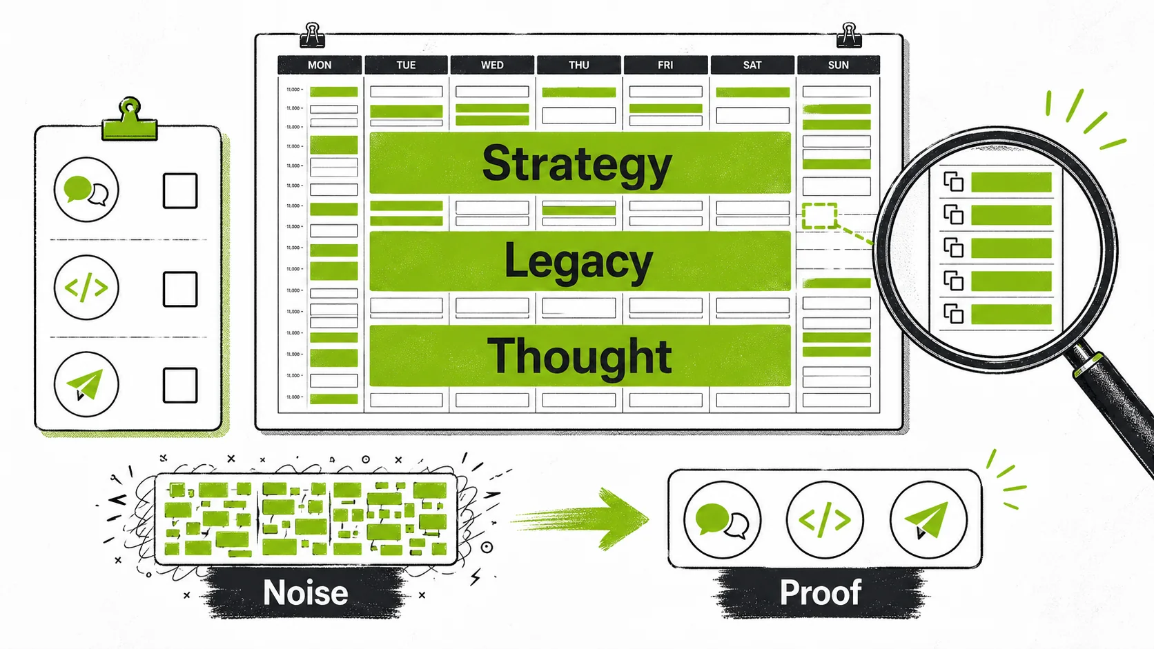 A fake, overly-optimized calendar blocking time for 'Strategic Thought Leadership' and 'Legacy Building'.