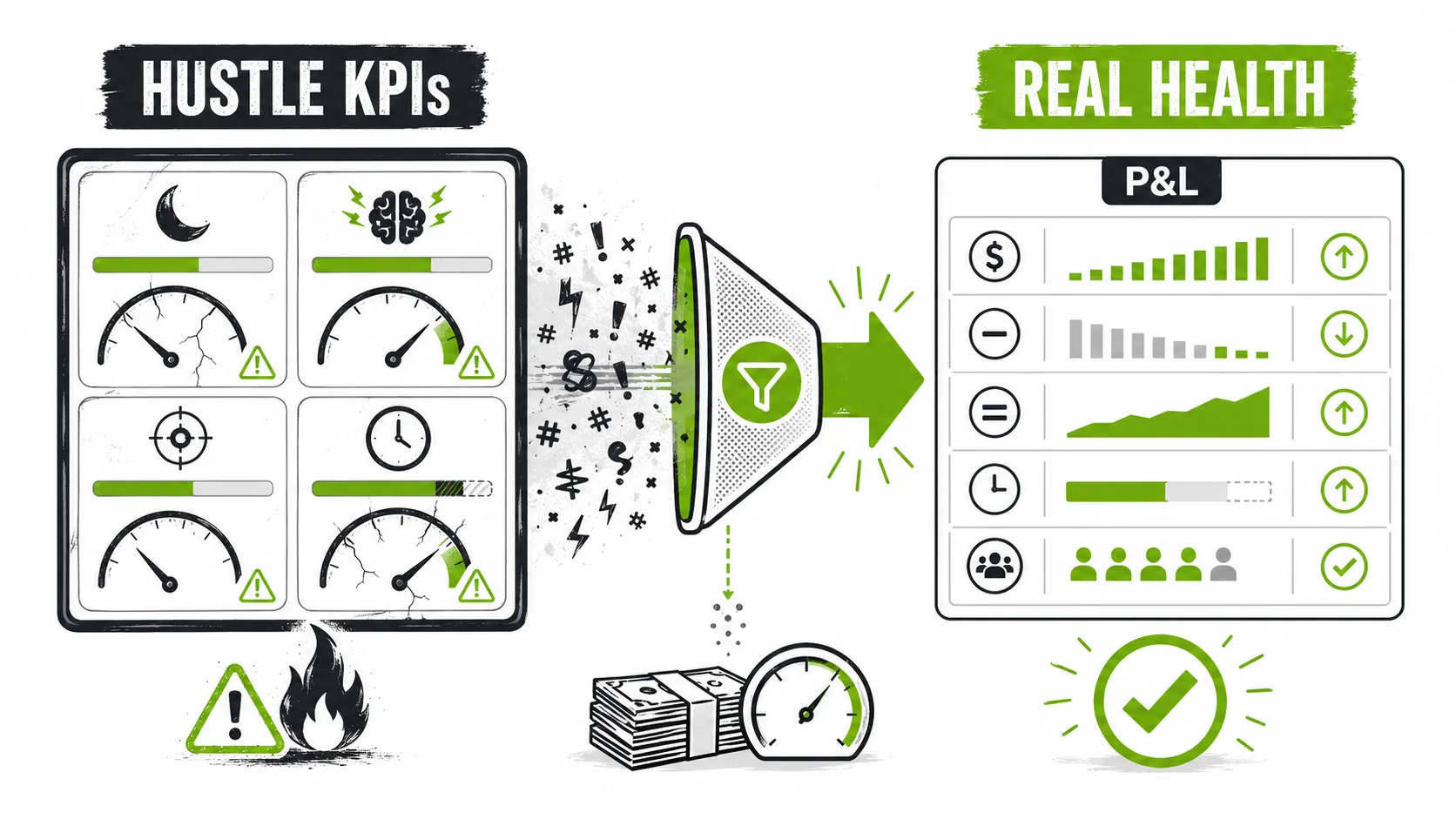 Screenshot of a real founder's wellness app dashboard showing metrics like 'Sleep Duration: 6.2 hrs', 'Stress Level: Medium', 'Focus Time: 3.1 hrs', juxtaposed with a simple profit & loss statement.