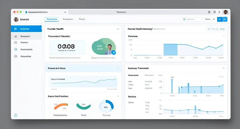 Screenshot of a real founder's wellness app dashboard showing metrics like 'Sleep Duration: 6.2 hrs', 'Stress Level: Medium', 'Focus Time: 3.1 hrs', juxtaposed with a simple profit & loss statement.
