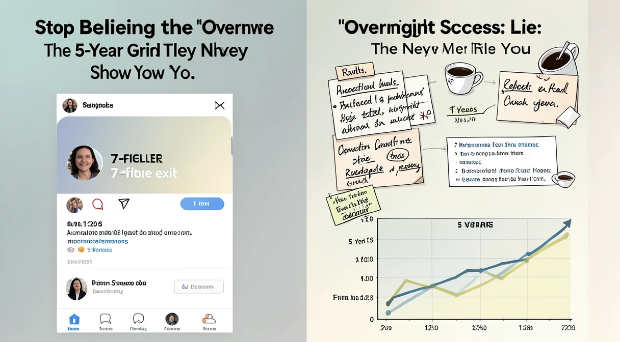 A split-screen illustration: On the left, a polished social media post shows a founder on a yacht with a 'Sold!' graphic. On the right, a messy timeline reveals years of failed prototypes, late-night coding sessions, and empty bank account statements.