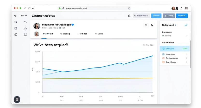 Screenshot of a LinkedIn analytics dashboard showing post performance metrics: impressions, engagement rate, and follower growth spikes correlated with 'big announcement' posts.