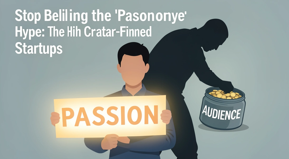 A person holding a glowing 'PASSION' sign, while behind them, a shadowy figure empties coins from a jar labeled 'AUDIENCE'