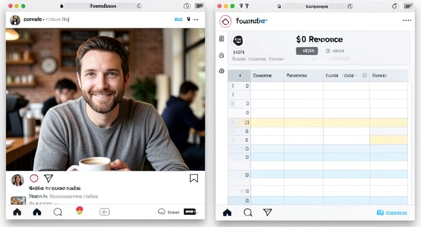A side-by-side comparison: a slick Instagram post of a 'founder' in a coffee shop vs. a spreadsheet showing $0 revenue and $45k in course sales