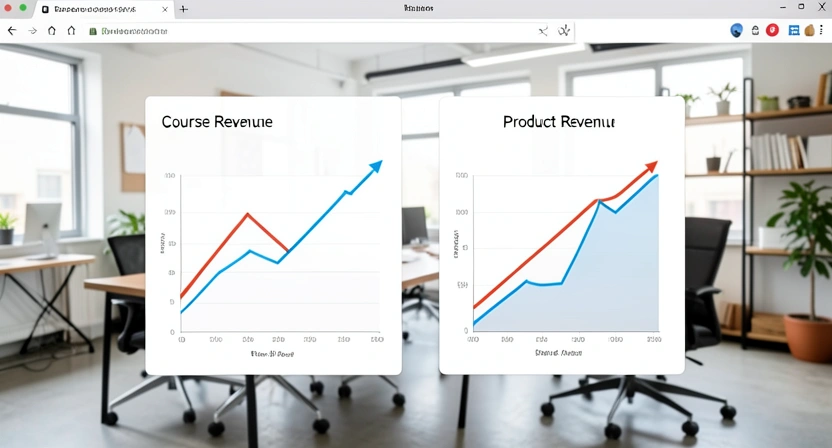 A graph trending upwards labeled 'Course Revenue' and a graph plummeting to zero labeled 'Product Revenue', overlaid on a photo of a trendy, empty startup office